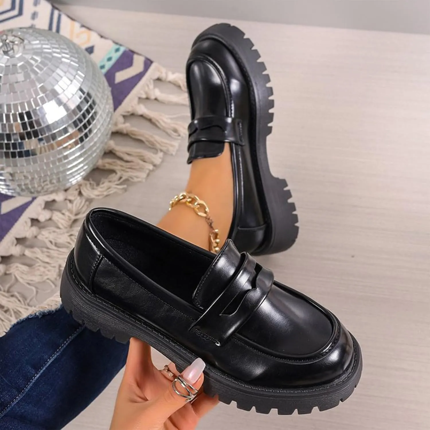 Womens Casual Chunky Loafers Dressy Work Shoe Platform Slip On Shoe Dress Business Shoes Comfortable Office Shoes