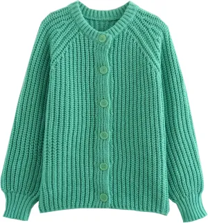 Women's Casual Long Sleeve Chunky Knit Open Front Crewneck Sweater Button Down Cardigan Outerwear Coats