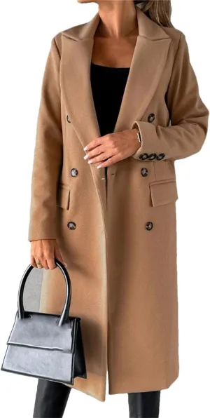 Women's Casual Long Sleeve Coat Wool Blend LApel Double Breasted Warm Mid-Length Coat Jacket