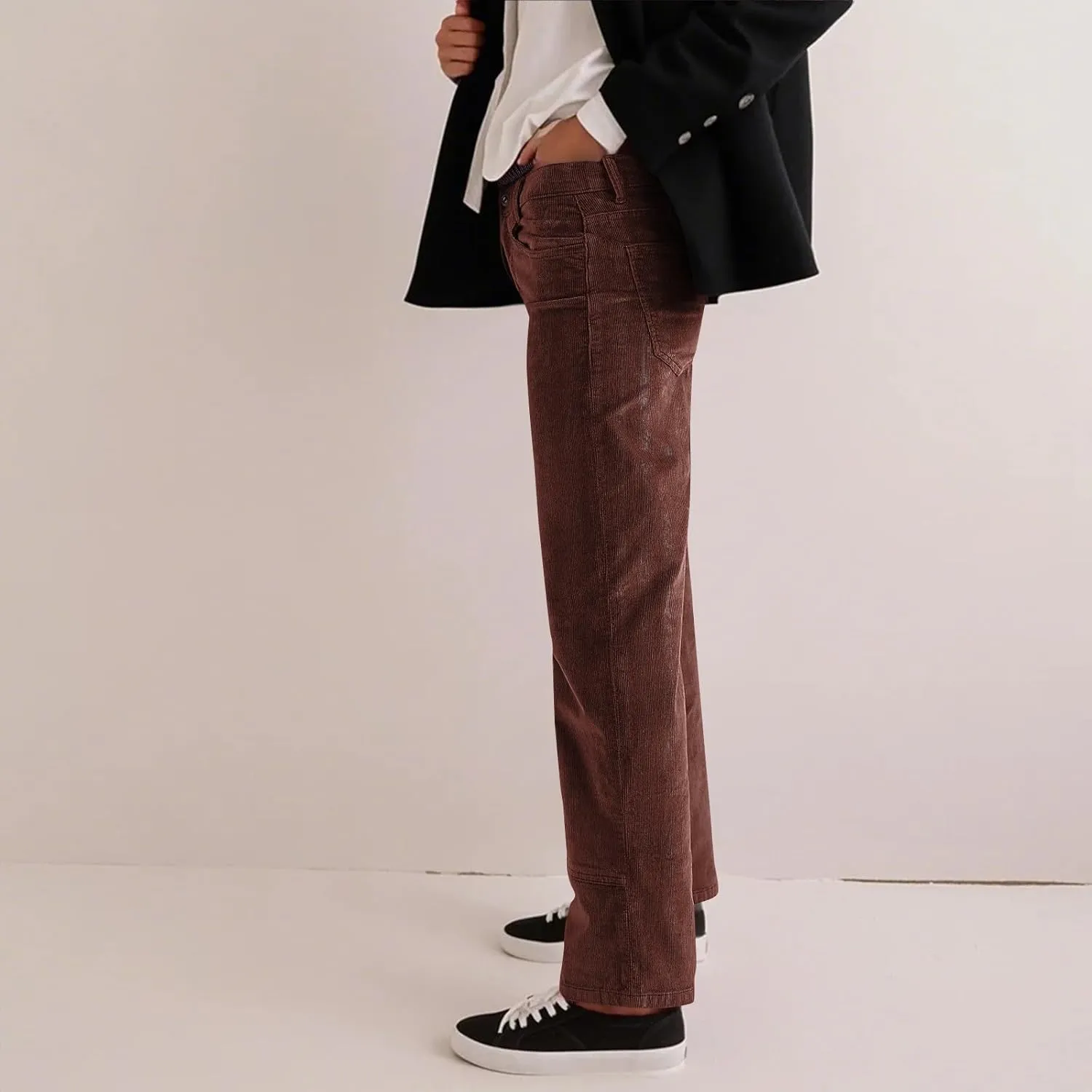 Womens Corduroy Pants Loose Mid Rise Pant Spring Fall Casual Straight Comfy Trousers with Pockets