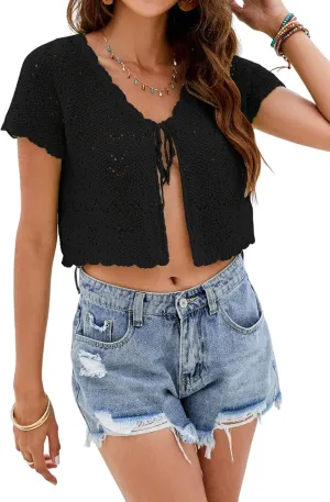 Women's Crochet Shrugs 2025 Summer Tie Front Bolero Sweaters Short Sleeve Lightweight Cardigans