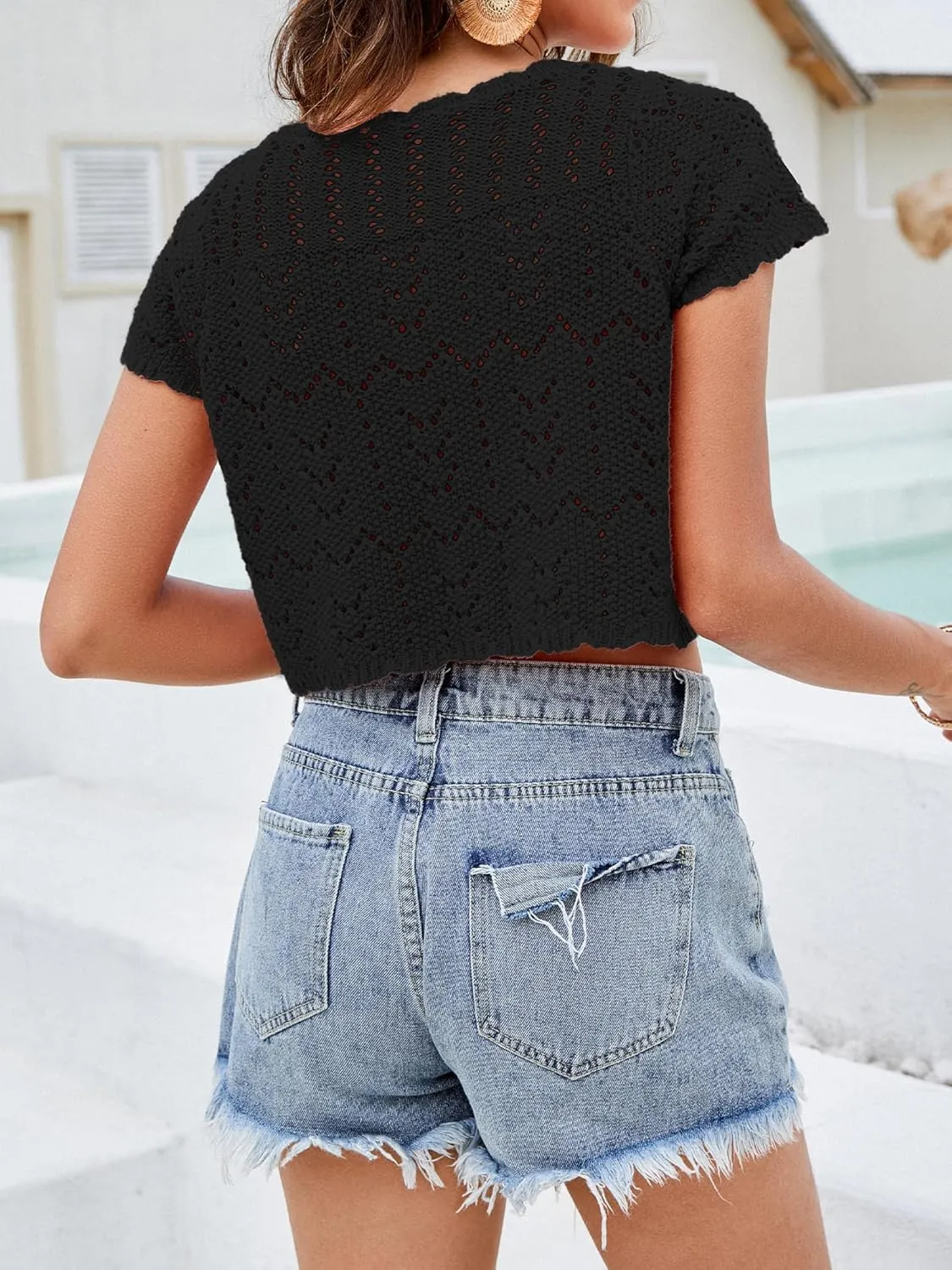 Women's Crochet Shrugs 2025 Summer Tie Front Bolero Sweaters Short Sleeve Lightweight Cardigans