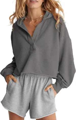 Womens Cropped Hoodies Long Sleeve V Neck Ripped Pullover Sweatshirts with Hooded Casual Crop Tops Trendy 2025