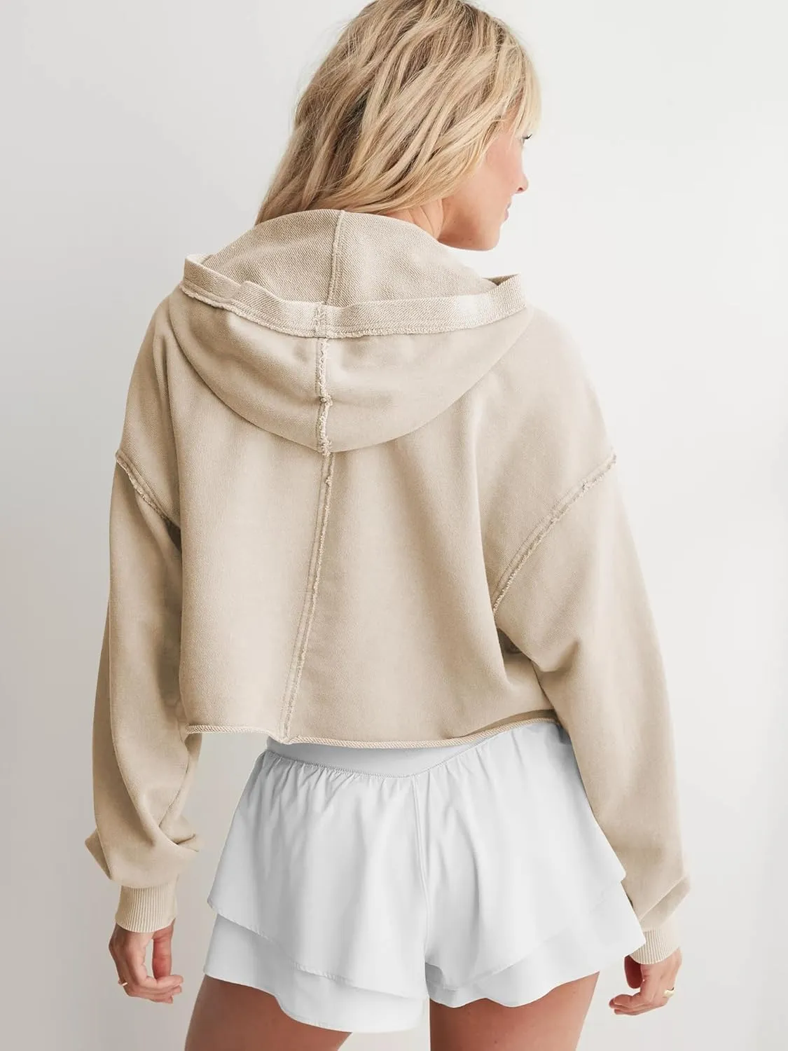 Womens Cropped Hoodies Long Sleeve V Neck Ripped Pullover Sweatshirts with Hooded Casual Crop Tops Trendy 2025