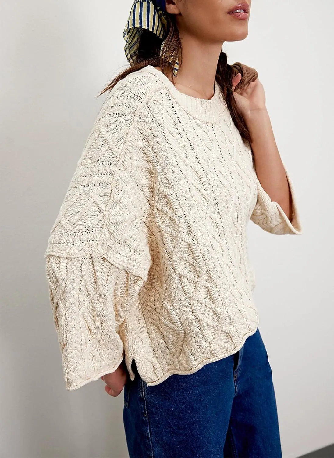 Womens Cropped Sweaters Crewneck 3/4 Sleeve Oversized Sweater Tie Dye Casual Y2k Lightweight Knit Tops Summer Pullover