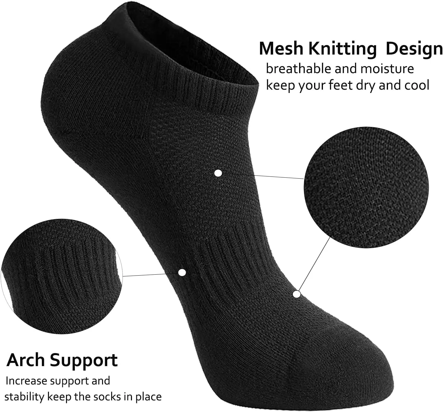 Women's Cushioned No Show Socks - Athletic Cotton Short Socks with Arch Support and Mesh Ankle - 6 Pairs