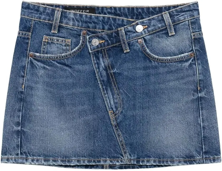 Women's Denim Skirt Casual Button Elastic Mini Straight Zipper Placket Mid-Waist Pencil Skirt