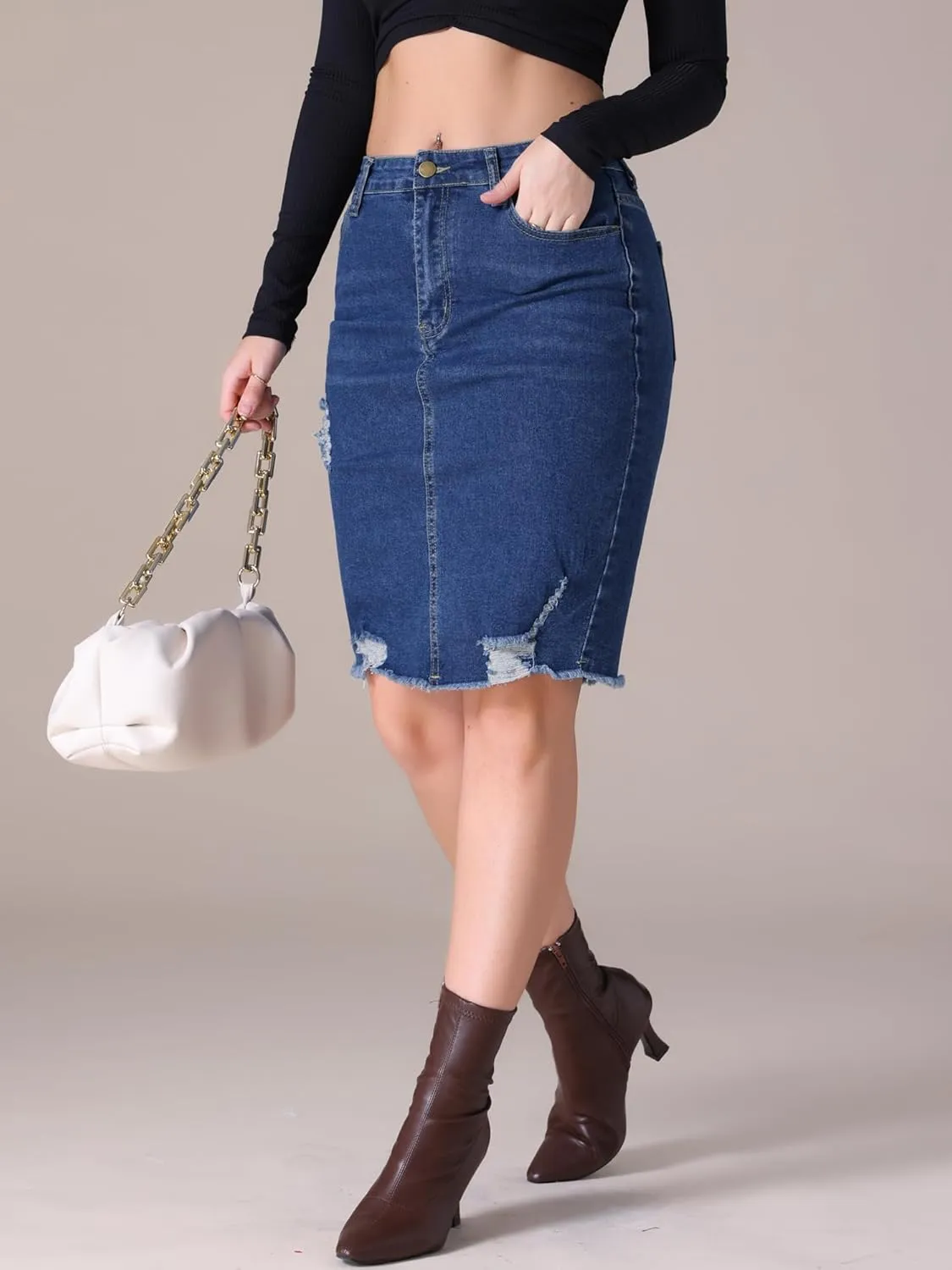 Women's Denim Skirt Stretch Denim High Waisted Raw Hem Above The Knee Pencil Skirt Jean Skirts