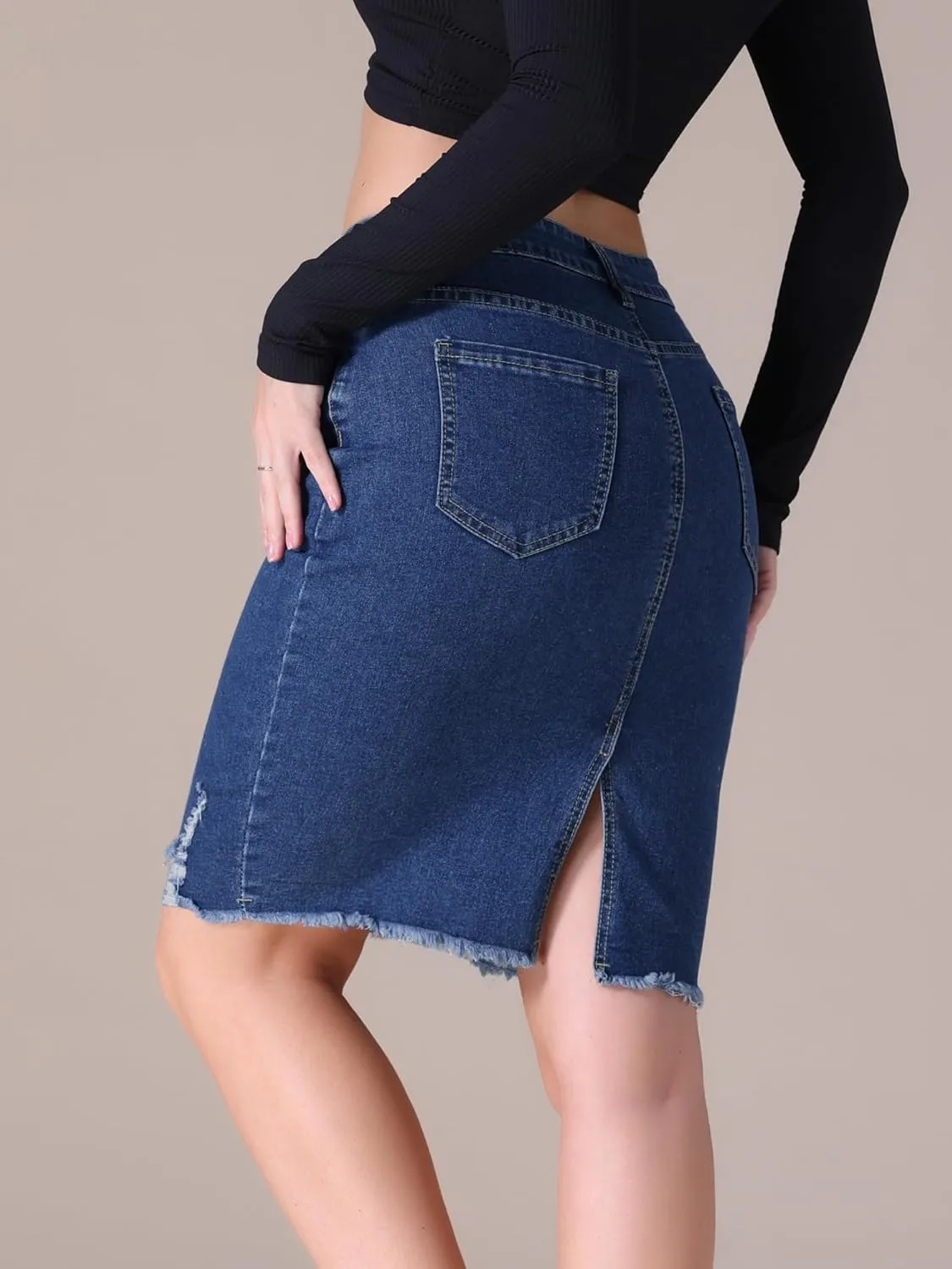 Women's Denim Skirt Stretch Denim High Waisted Raw Hem Above The Knee Pencil Skirt Jean Skirts