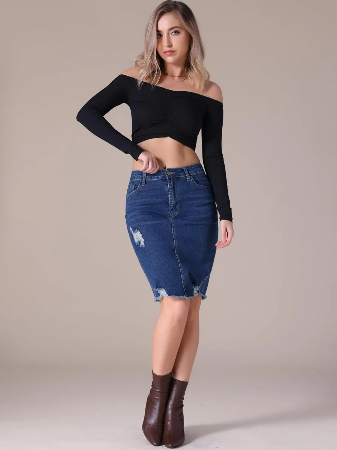 Women's Denim Skirt Stretch Denim High Waisted Raw Hem Above The Knee Pencil Skirt Jean Skirts