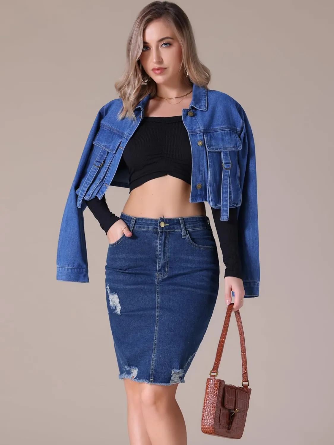 Women's Denim Skirt Stretch Denim High Waisted Raw Hem Above The Knee Pencil Skirt Jean Skirts