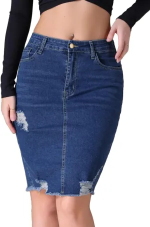 Women's Denim Skirt Stretch Denim High Waisted Raw Hem Above The Knee Pencil Skirt Jean Skirts