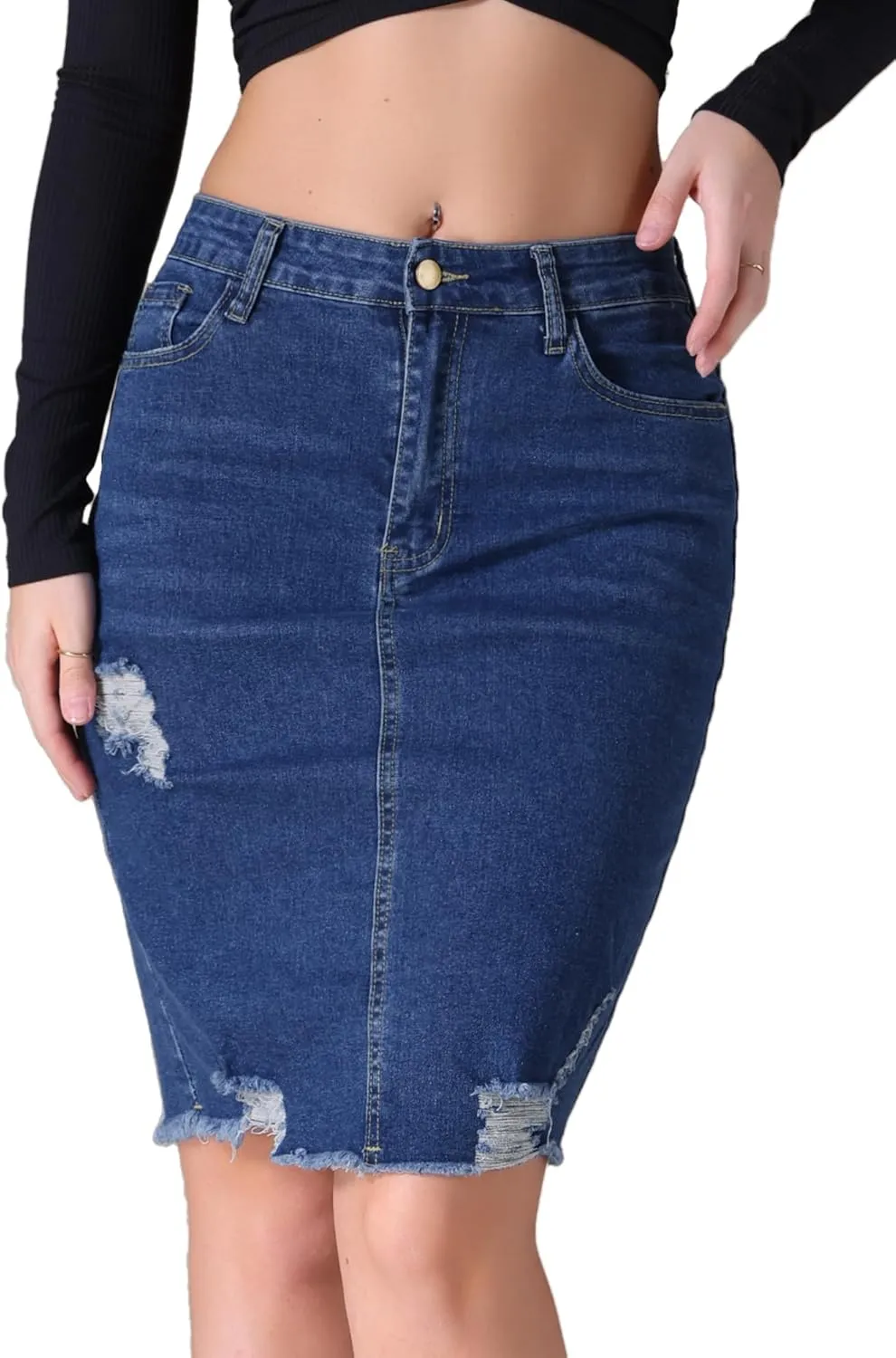 Women's Denim Skirt Stretch Denim High Waisted Raw Hem Above The Knee Pencil Skirt Jean Skirts