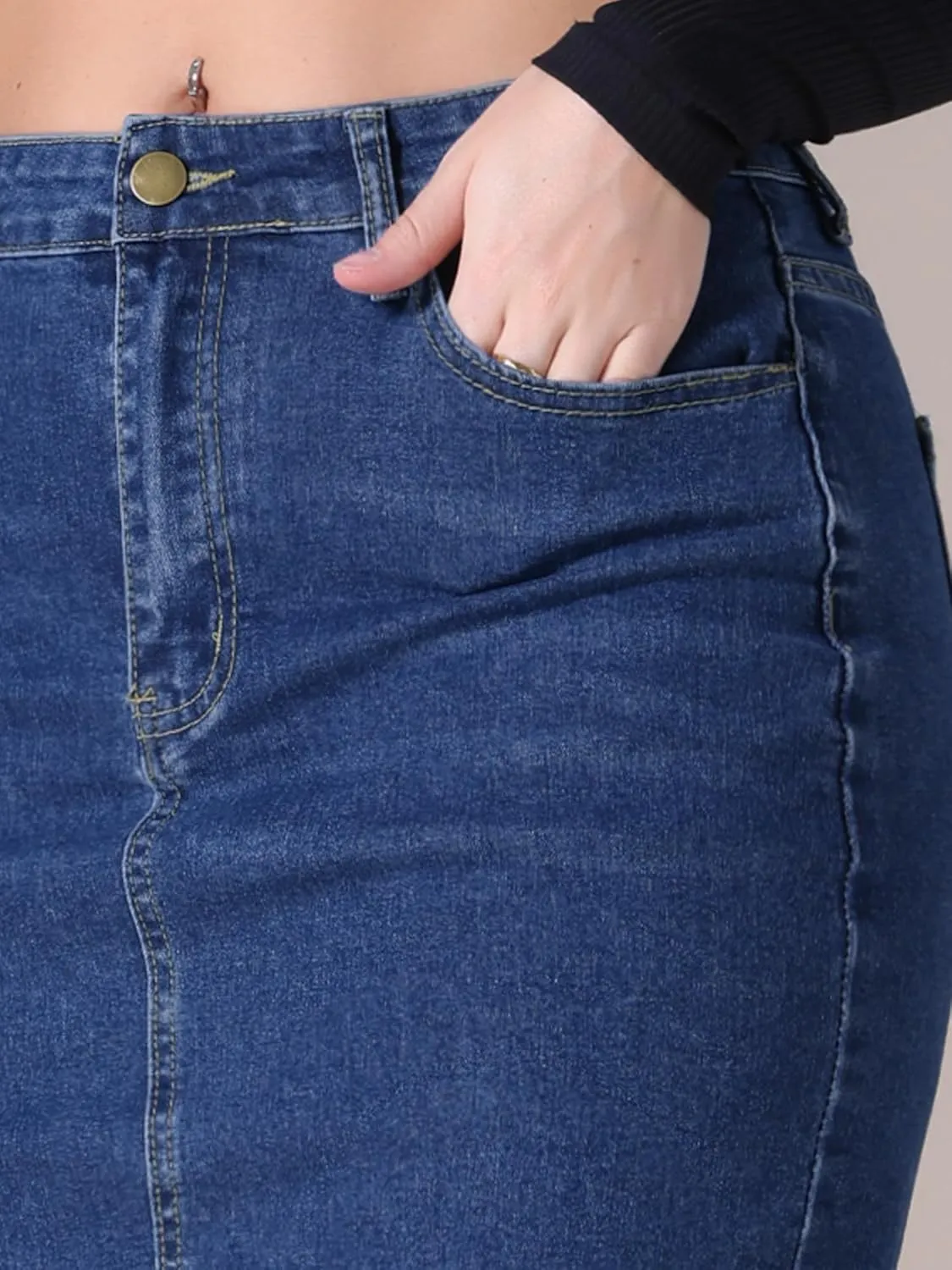 Women's Denim Skirt Stretch Denim High Waisted Raw Hem Above The Knee Pencil Skirt Jean Skirts