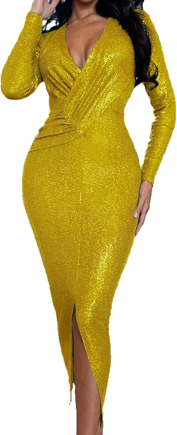 Women's Elegant Long Sleeve Sparkly Sequin Bodycon Midi Dresses Sexy Deep V Neck Ruched Cocktail Party Wrap Dress