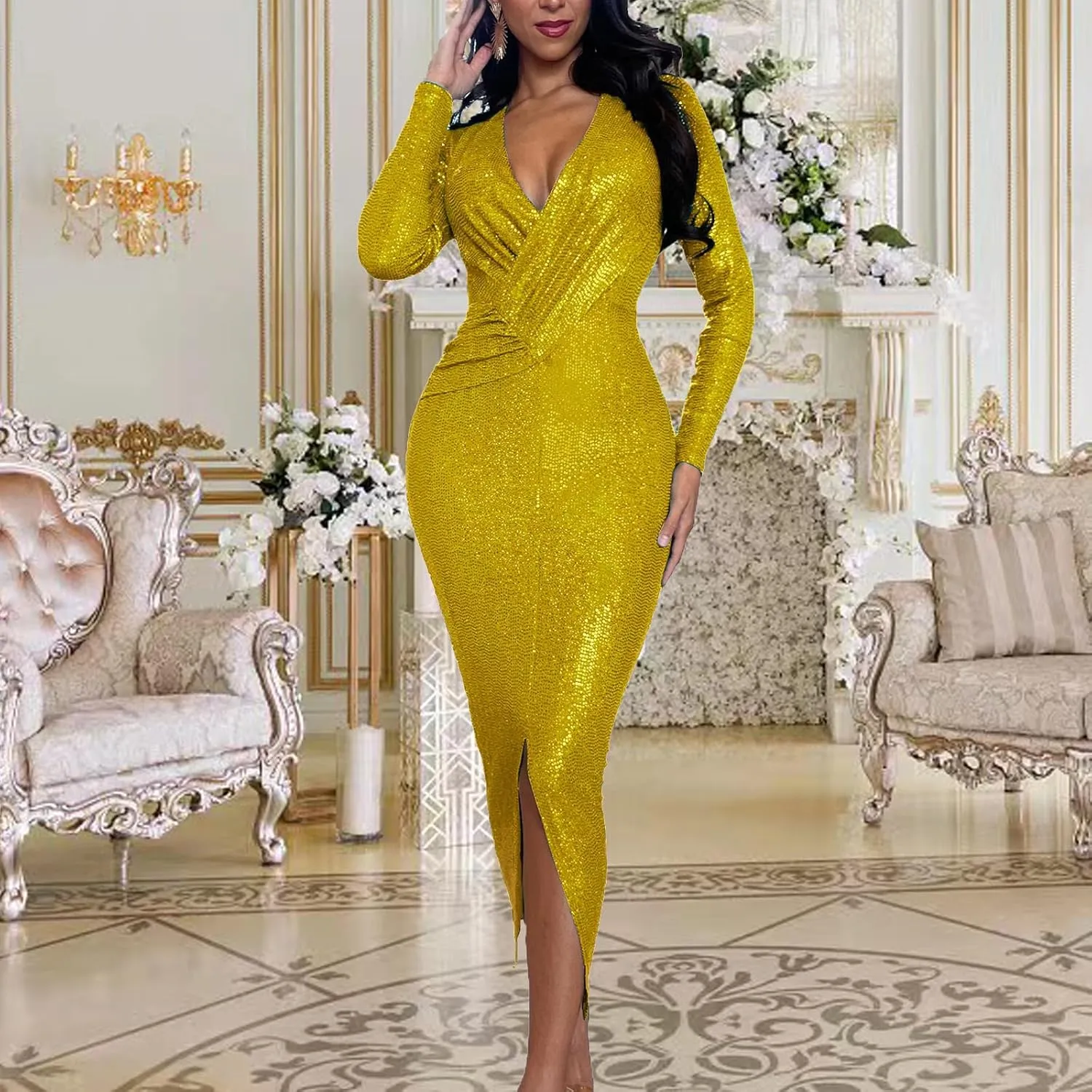 Women's Elegant Long Sleeve Sparkly Sequin Bodycon Midi Dresses Sexy Deep V Neck Ruched Cocktail Party Wrap Dress