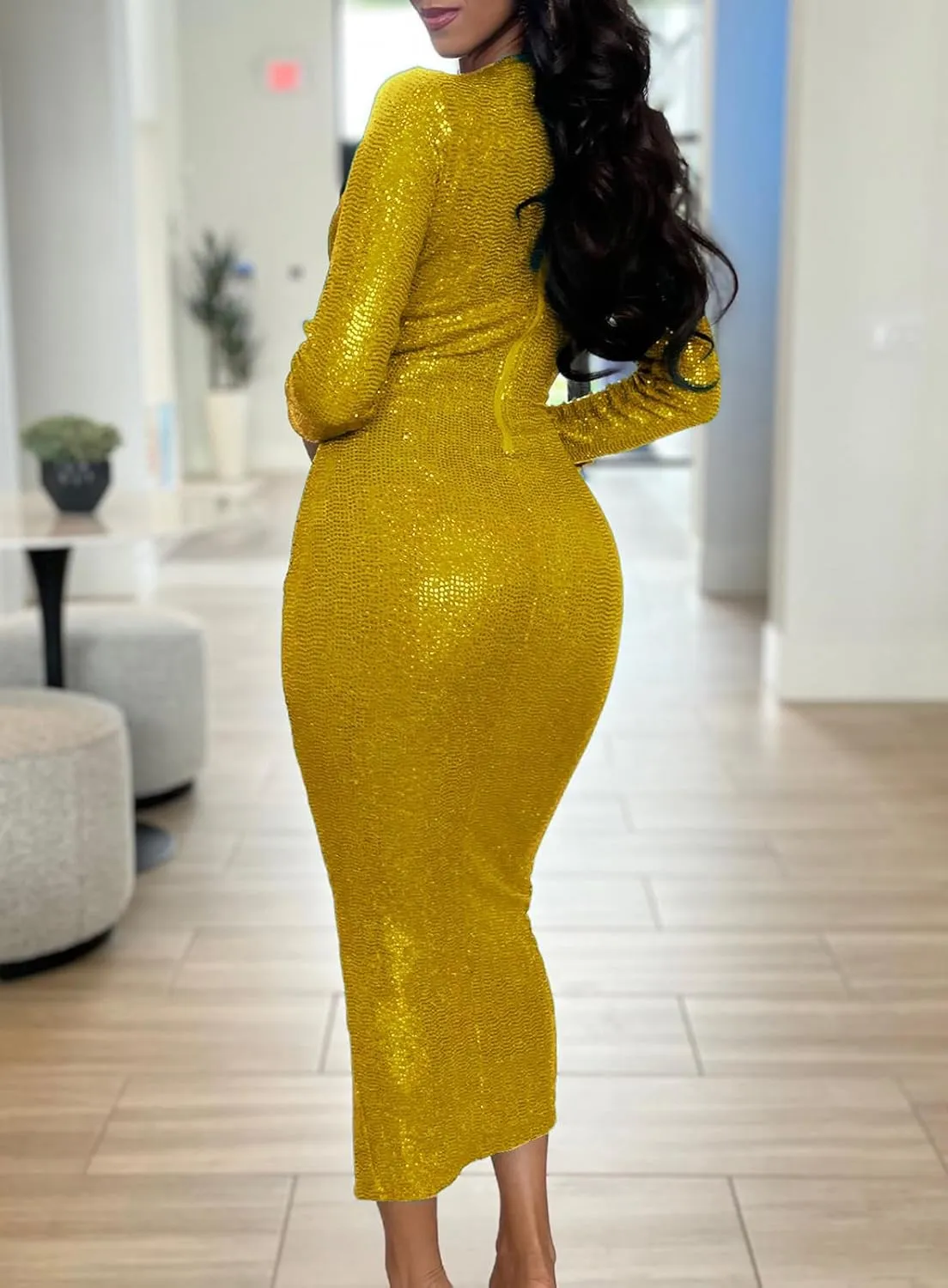 Women's Elegant Long Sleeve Sparkly Sequin Bodycon Midi Dresses Sexy Deep V Neck Ruched Cocktail Party Wrap Dress