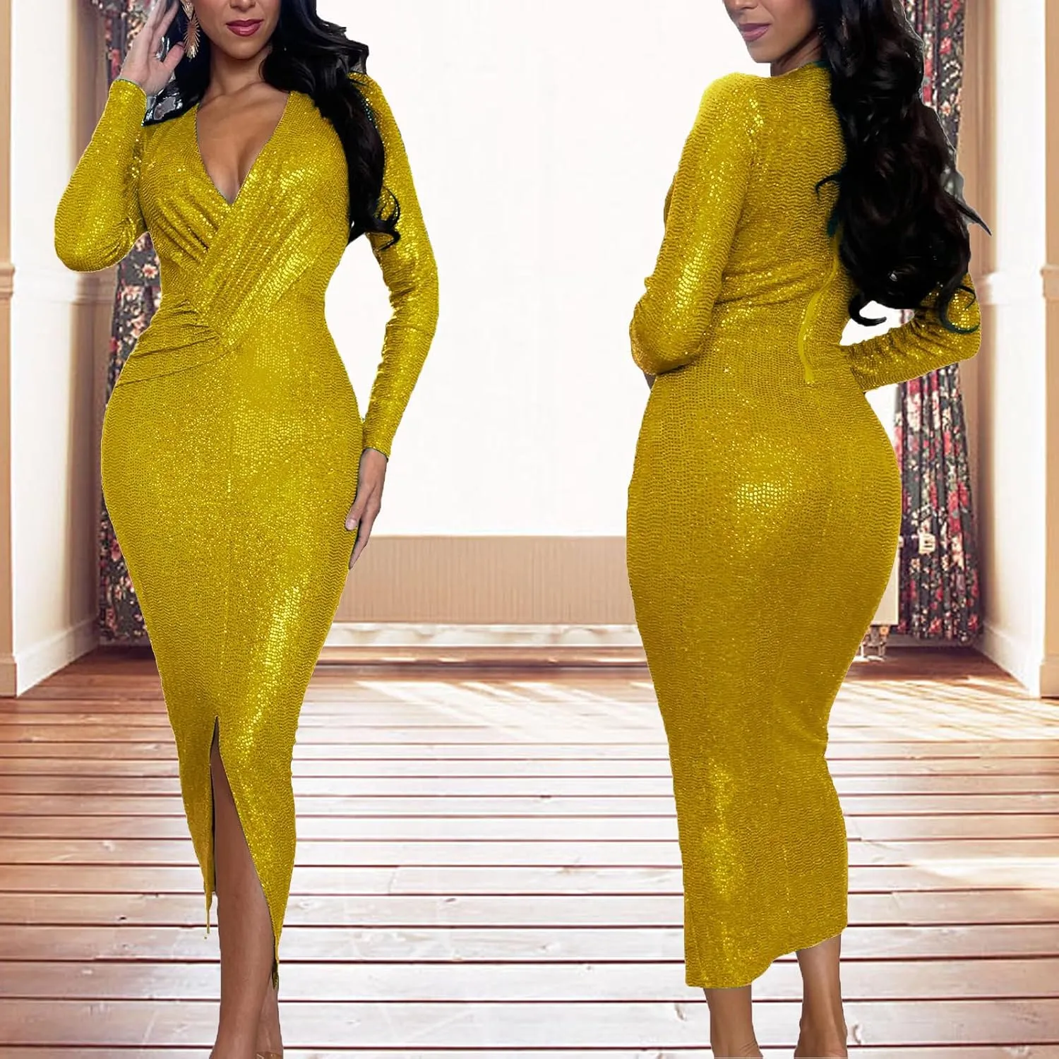 Women's Elegant Long Sleeve Sparkly Sequin Bodycon Midi Dresses Sexy Deep V Neck Ruched Cocktail Party Wrap Dress