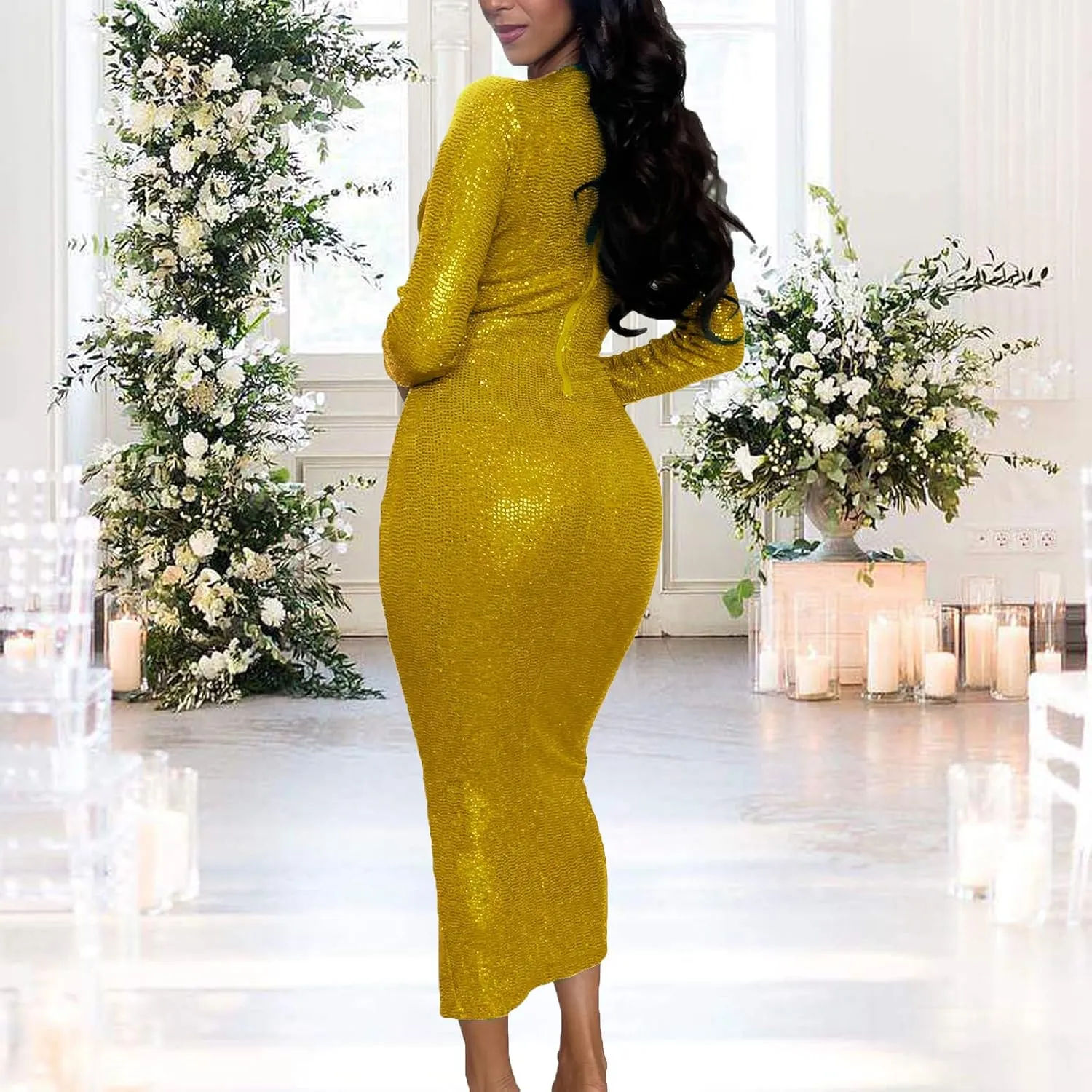 Women's Elegant Long Sleeve Sparkly Sequin Bodycon Midi Dresses Sexy Deep V Neck Ruched Cocktail Party Wrap Dress