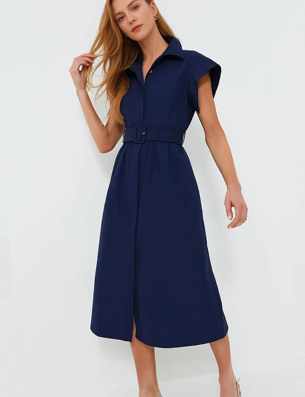 Women's Elegant Midi Shirt Dress Button Down Collared Trench Coat Business Dresses with Belt