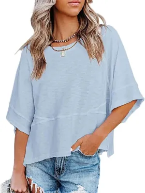 Women's Fashion Casual T Shirt Round Collar 3/4 Sleeve Plain Color Tees Summer Tops Blouses