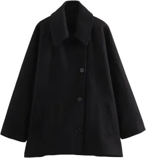 Womens Fashion Pea Coats Single Breasted Batwing Sleeve Classic Fall Wool Cape Blend Jacket Outerwear with Pockets