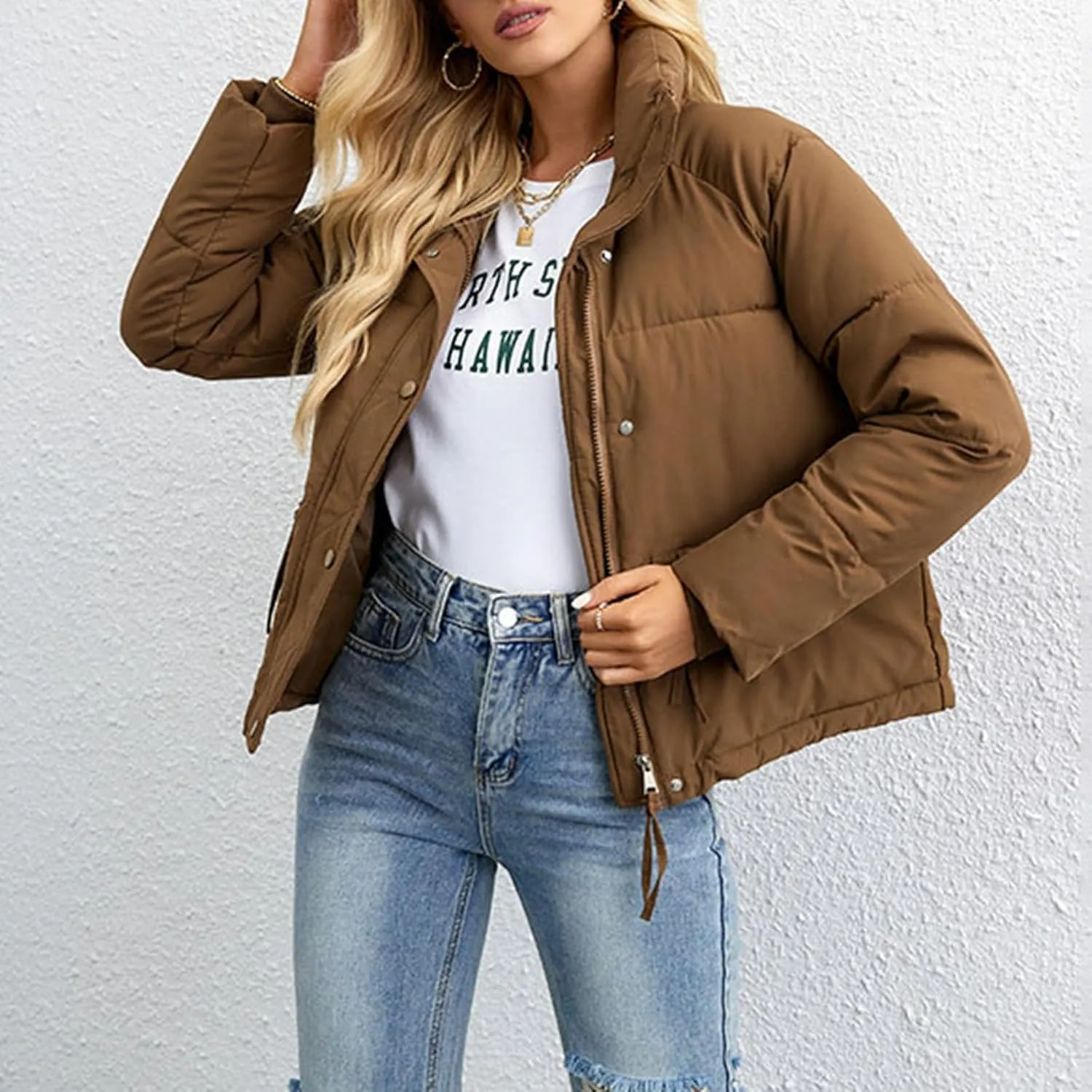 Women's fashion Puffer Jacket, Short Winter Warm Jacket,Quilted Thick Down Jacket, Stand-Up Collar, Puffer Coat