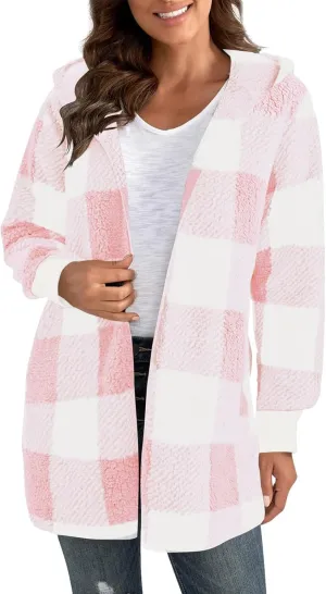 Womens Fleece Sherpa Jackets Winter Warm Plush Hooded Jackets Casual Plaid Long Sleeve Cardigan Outerwear