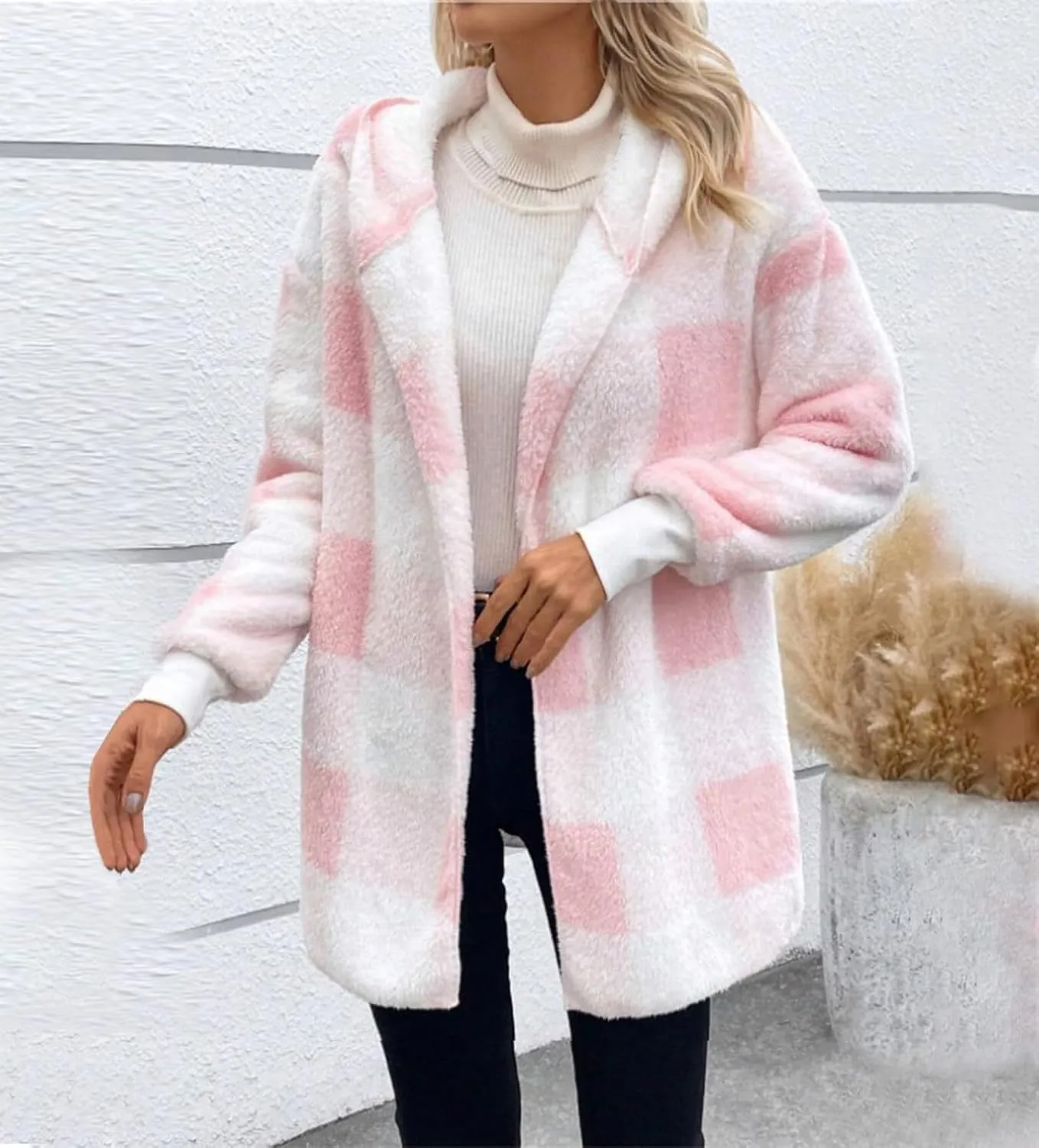 Womens Fleece Sherpa Jackets Winter Warm Plush Hooded Jackets Casual Plaid Long Sleeve Cardigan Outerwear