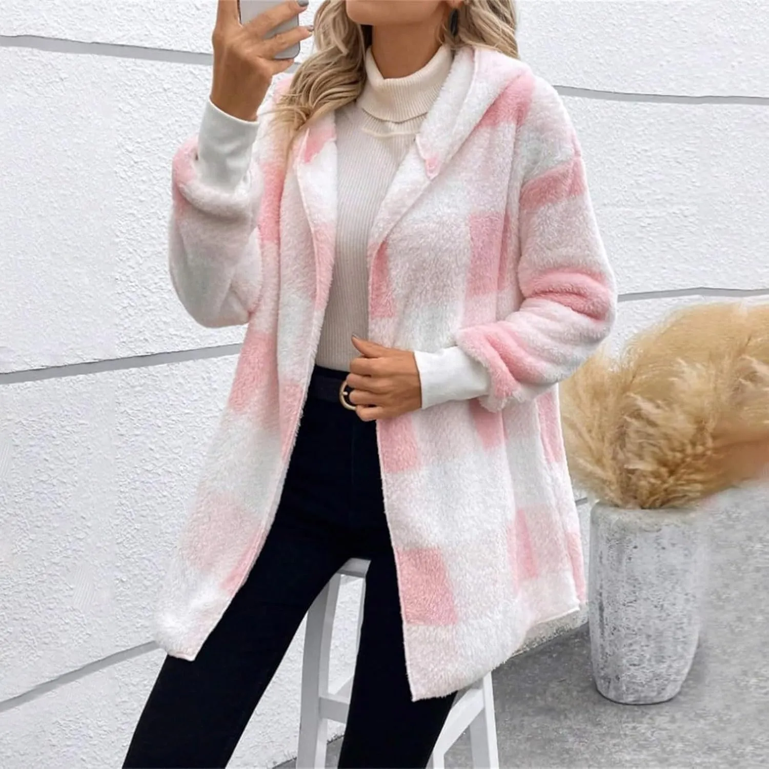 Womens Fleece Sherpa Jackets Winter Warm Plush Hooded Jackets Casual Plaid Long Sleeve Cardigan Outerwear