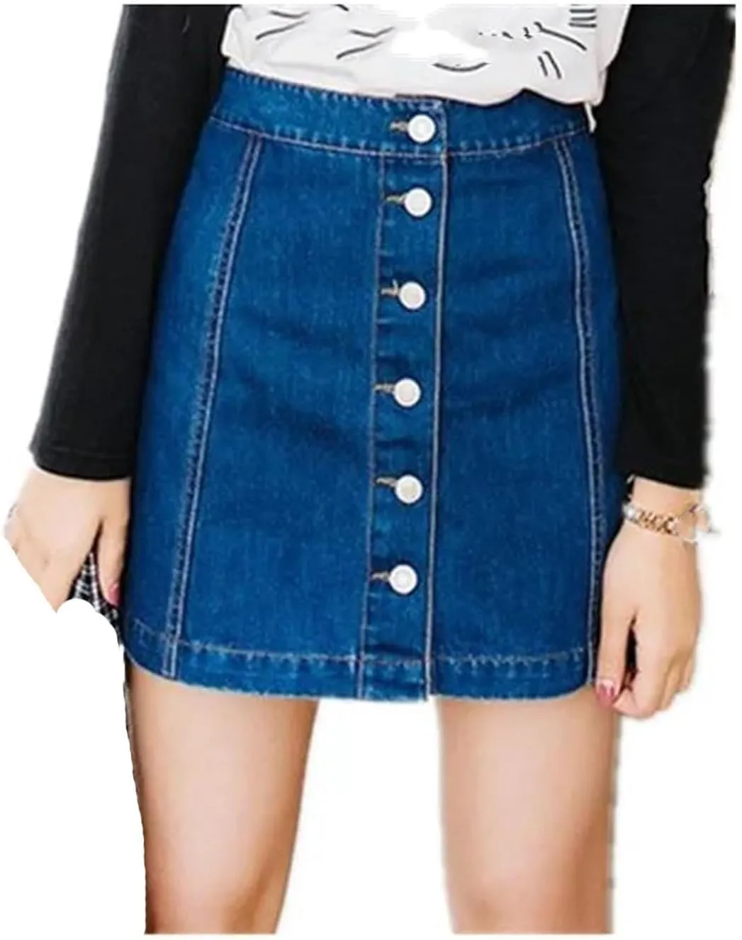 Women's Front Button High Waist Denim Skirt Vintage A-Line Pencil Jean Short Skirt