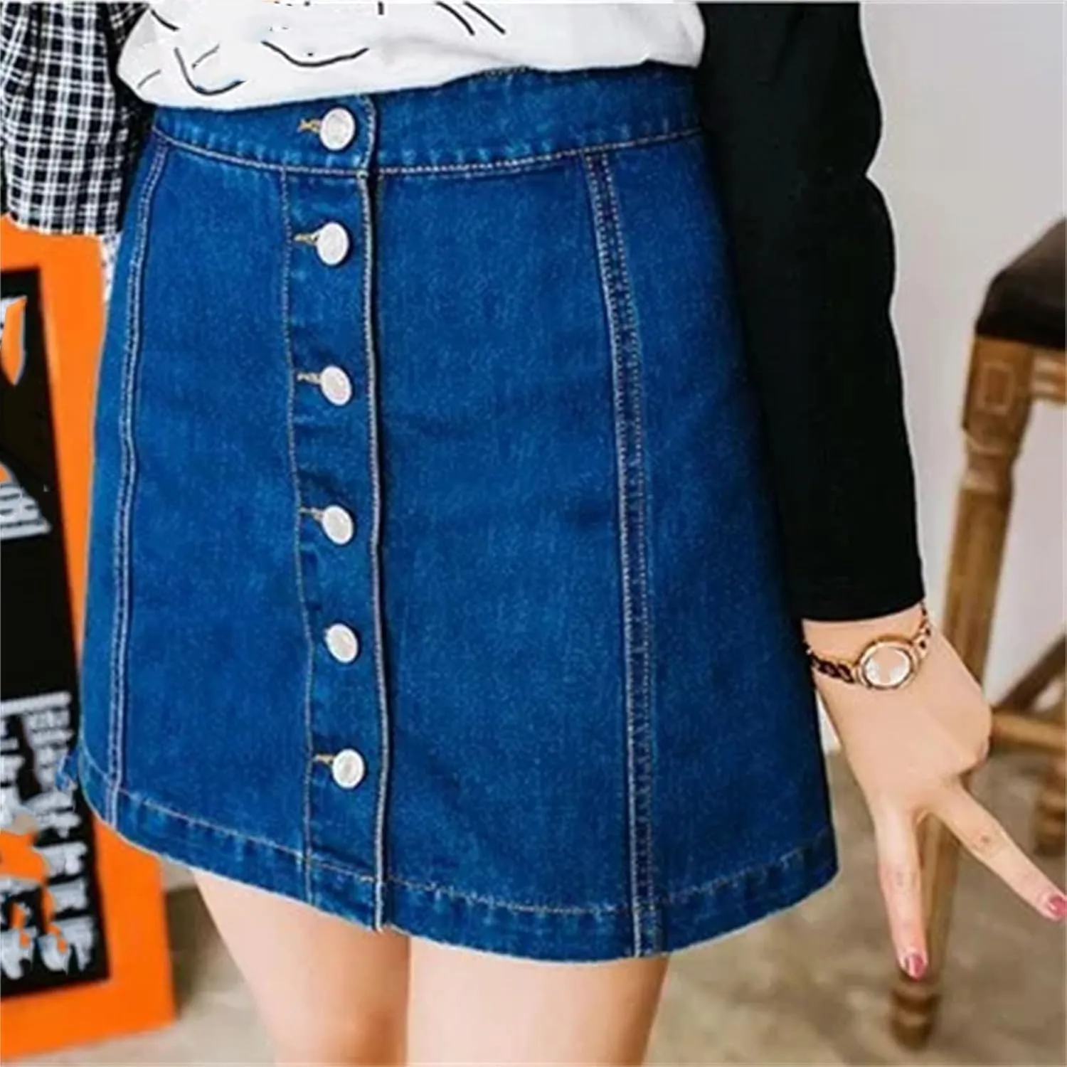Women's Front Button High Waist Denim Skirt Vintage A-Line Pencil Jean Short Skirt