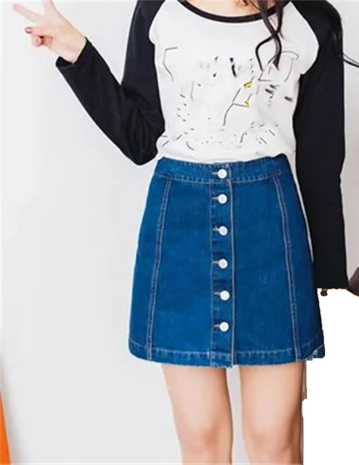 Women's Front Button High Waist Denim Skirt Vintage A-Line Pencil Jean Short Skirt