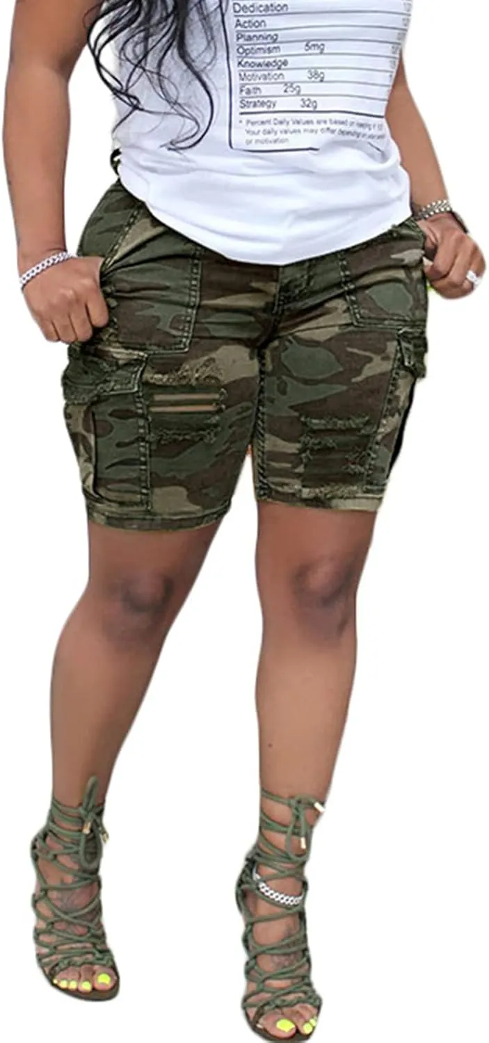 Women's High Waisted Camo Shorts Casual Trendy Denim Short Pants Summer Camouflage Shorts with Pockets
