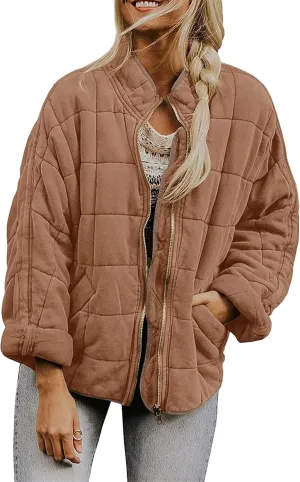 Women's Lightweight Long Sleeve Jacket Quilted Zip Up Down Coat With Pockets Warm Winter Baggy Down Coat