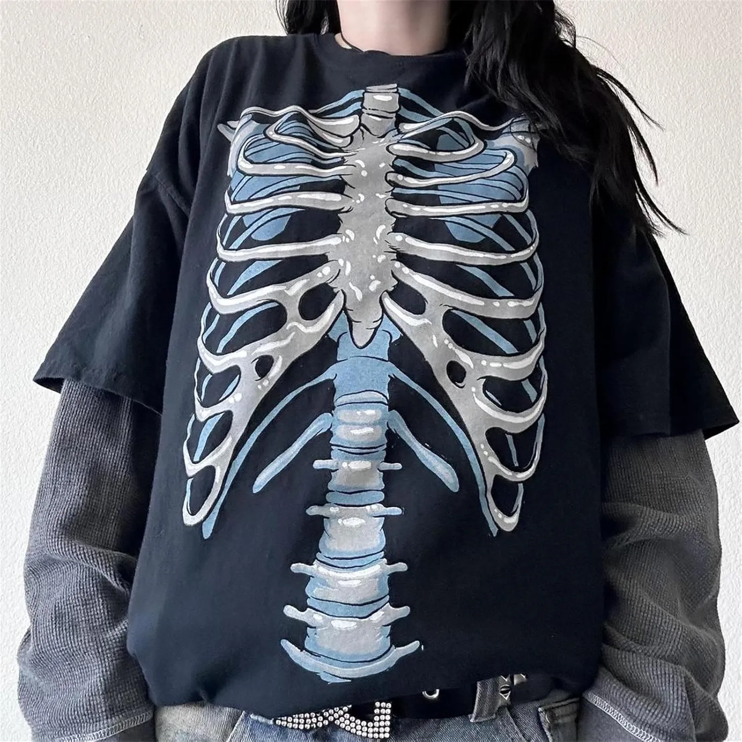 Womens Long Sleeve Fairy Grunge Tees Shirt Vintage Goth Skull Graphic Print Tops 90s Emo Aesthetic Clothes