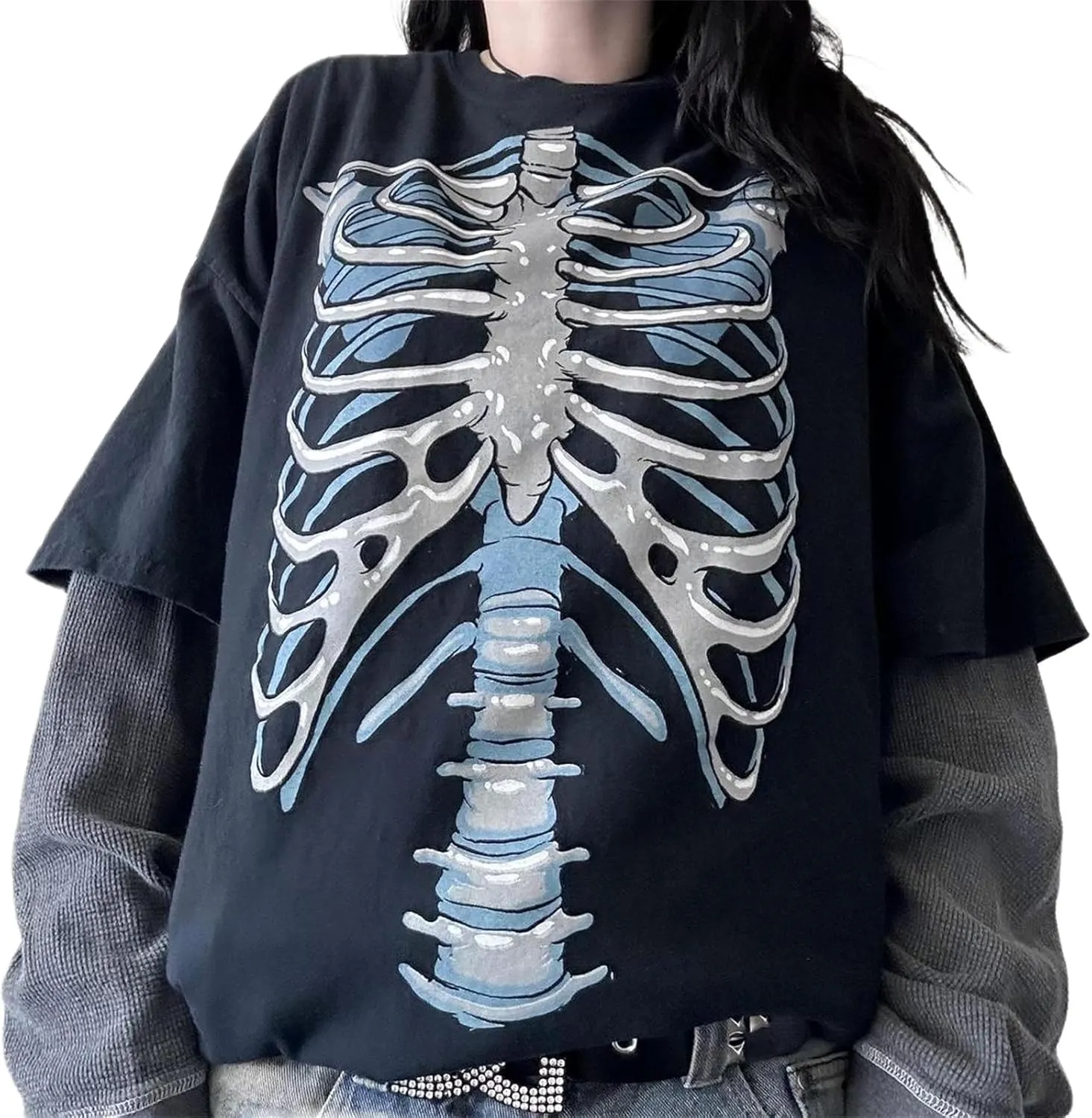 Womens Long Sleeve Fairy Grunge Tees Shirt Vintage Goth Skull Graphic Print Tops 90s Emo Aesthetic Clothes