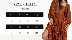 Womens Long Sleeve Peasant Floral Print Bohemian Midi Dress Square Neck Embroidered Dress