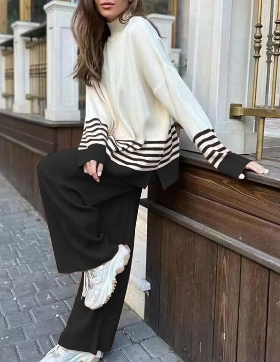 Womens Lounge 2 Piece Outfits Knitted Long Sleeve Striped Pullover Top and Wide Leg Pants Sweater Tracksuit
