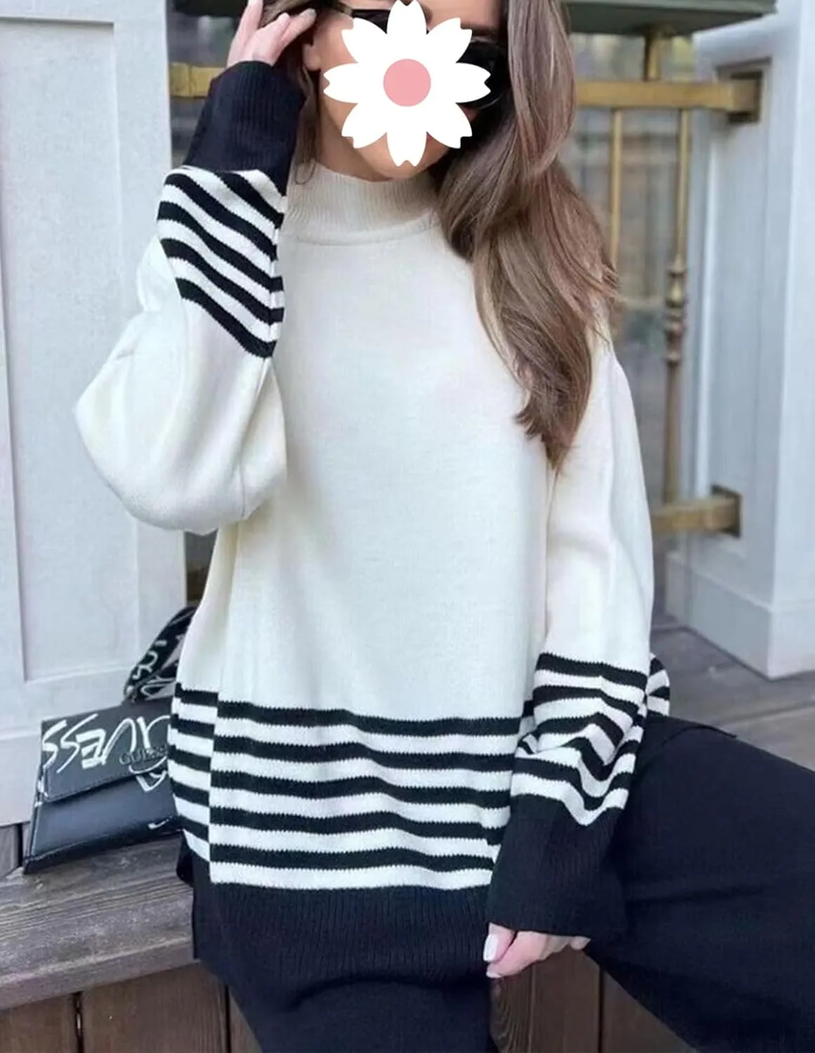 Womens Lounge 2 Piece Outfits Knitted Long Sleeve Striped Pullover Top and Wide Leg Pants Sweater Tracksuit