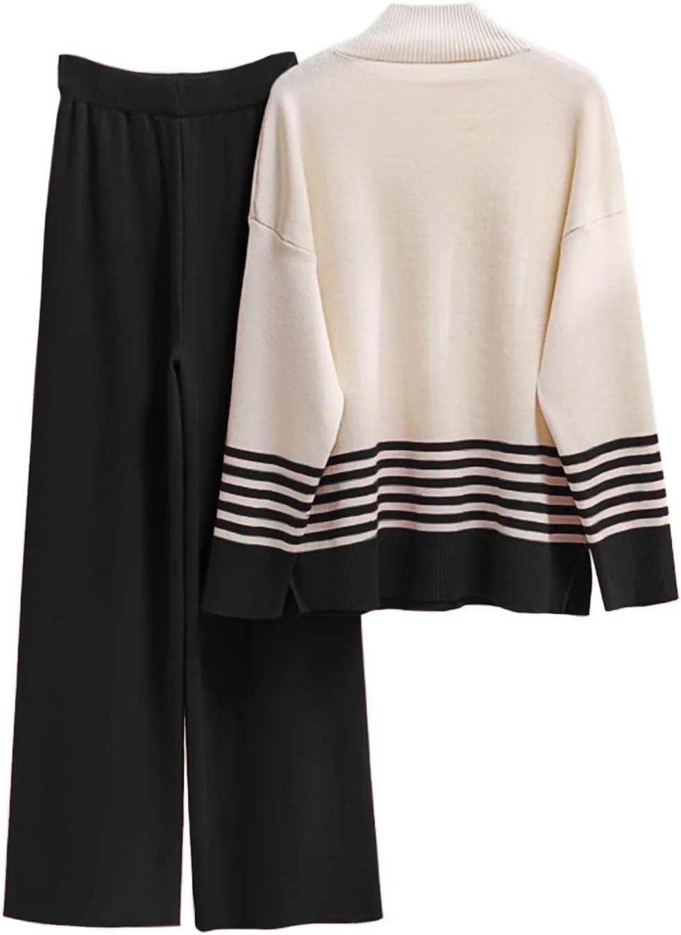 Womens Lounge 2 Piece Outfits Knitted Long Sleeve Striped Pullover Top and Wide Leg Pants Sweater Tracksuit