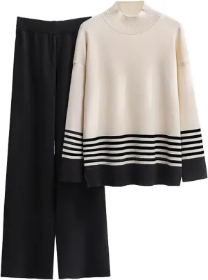 Womens Lounge 2 Piece Outfits Knitted Long Sleeve Striped Pullover Top and Wide Leg Pants Sweater Tracksuit