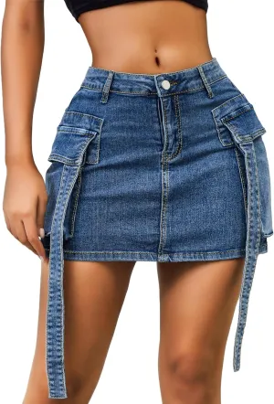 Womens Low Waist Denim Skirt Button Mini Cargo Jean Y2K Skirts with Pockets