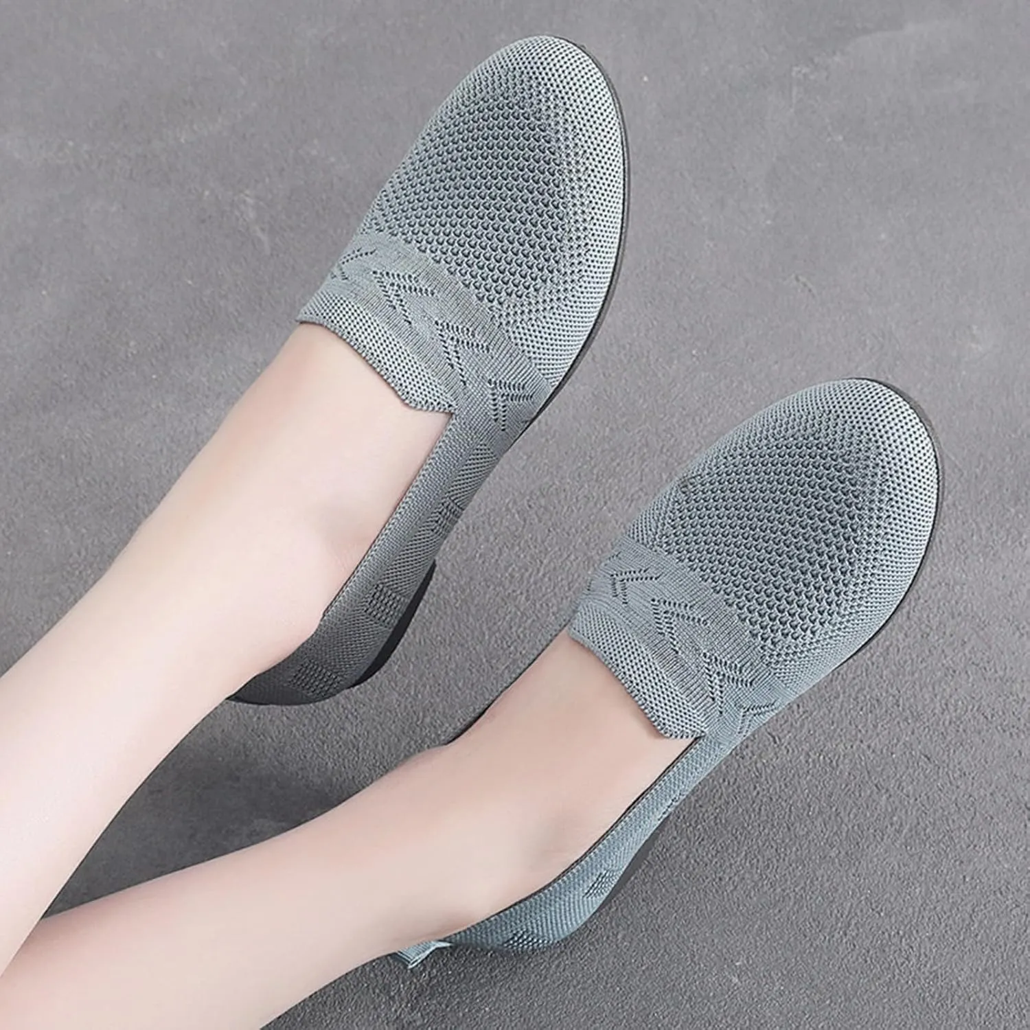 Women's L𝐨w Heel Casual Shoes Comfortable Wide Width Work Shoes Summer Knit Flat𝐬 Mesh Breathable Slip On Sneakers