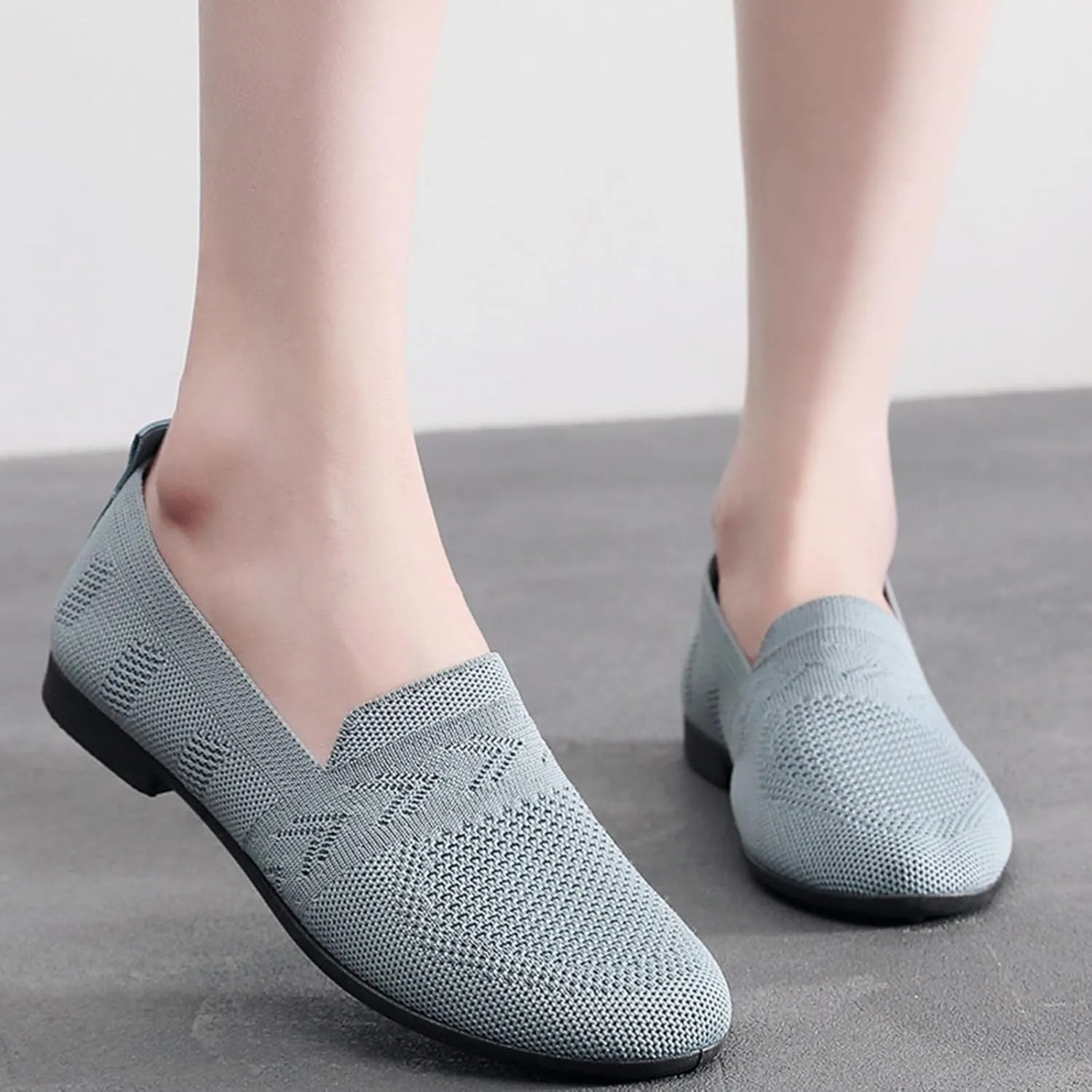 Women's L𝐨w Heel Casual Shoes Comfortable Wide Width Work Shoes Summer Knit Flat𝐬 Mesh Breathable Slip On Sneakers