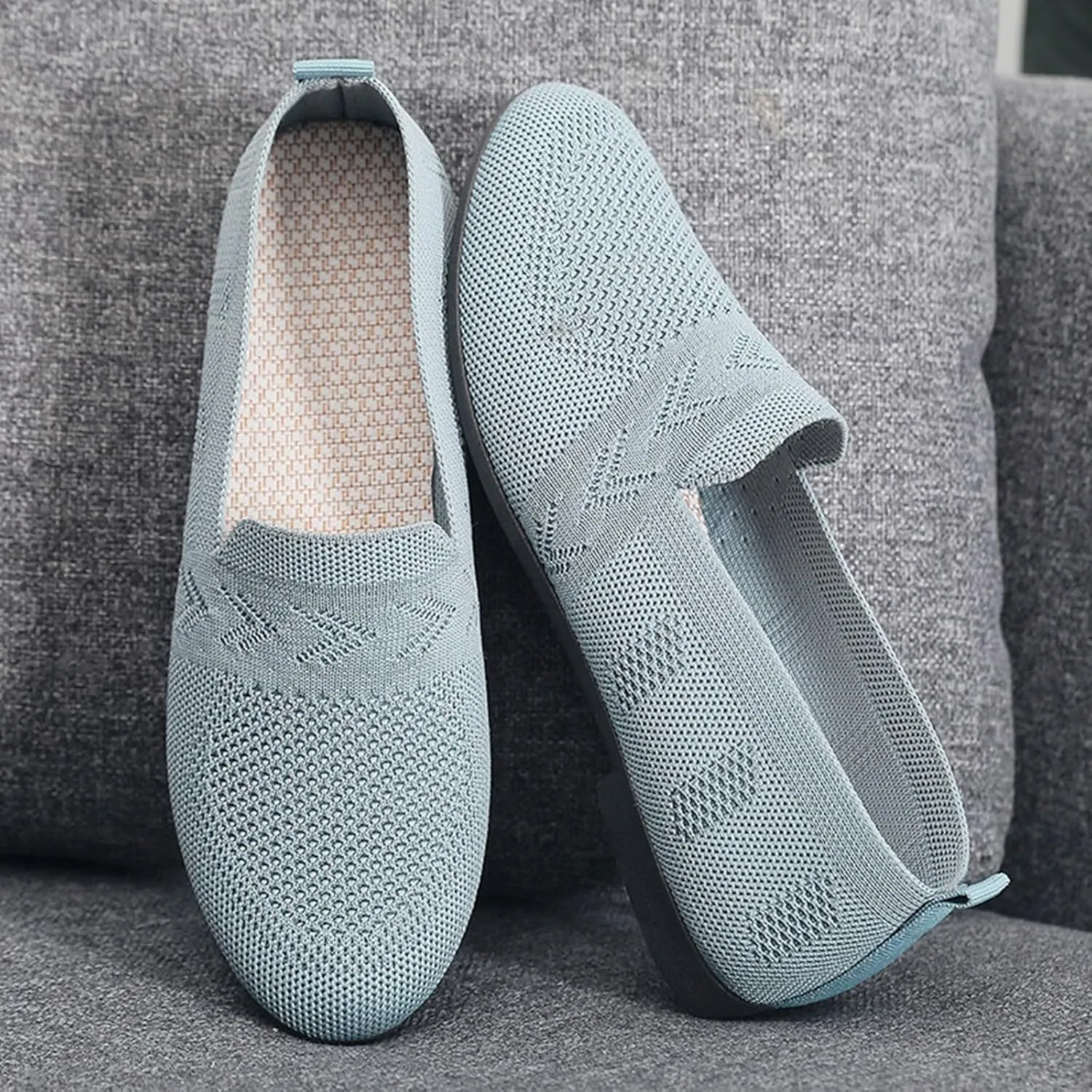 Women's L𝐨w Heel Casual Shoes Comfortable Wide Width Work Shoes Summer Knit Flat𝐬 Mesh Breathable Slip On Sneakers
