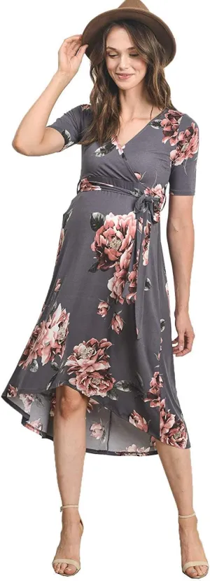 Women's Maternity Wrap Dress Midi Length with Waist Belt