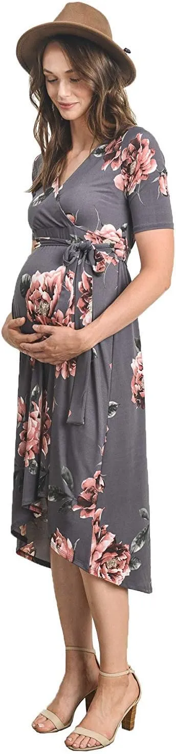 Women's Maternity Wrap Dress Midi Length with Waist Belt