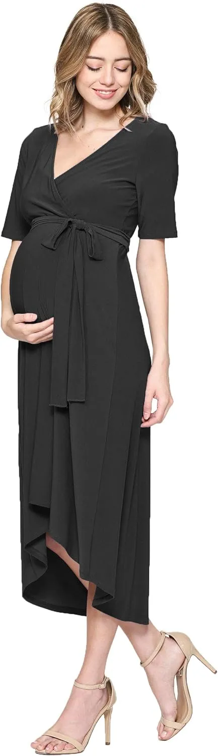 Women's Maternity Wrap Dress Midi Length with Waist Belt