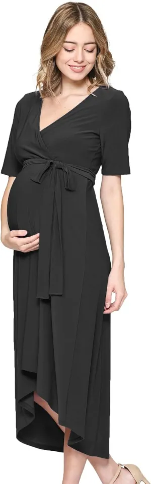 Women's Maternity Wrap Dress Midi Length with Waist Belt